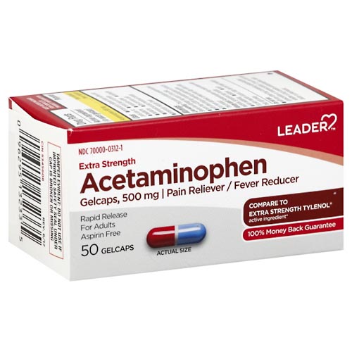 Image for Leader Acetaminophen, Extra Strength, 500 mg, Gelcaps,50ea from Alpha Drugs