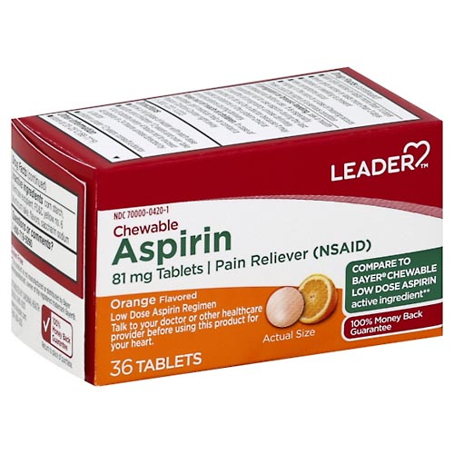 Image for Leader Aspirin, 81 mg, Tablets, Orange Flavored,36ea from Alpha Drugs